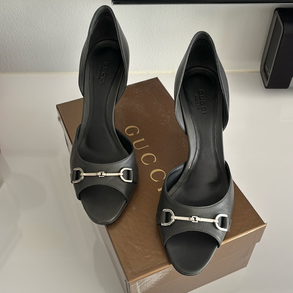 Gucci Gray Peep Toe Horsebit Buckle Heels